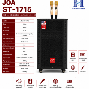 Loa kéo JOA ST-1715, Bass 40, công suất 900w,bluetooth 5.0, kèm 2 tay mic kim loại ( New 2025 )