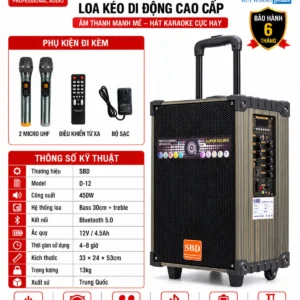 Loa kéo SBD D-12 Bass 30cm, công suất 450W, 2 micro UHF