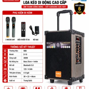 Loa kéo SBD D-10 Bass 25cm, 400W, 2 micro UHF