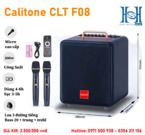 Loa xách tay Calitone CLT-F08 Chính Hãng, Bass 20, Công Suất 500w, Kèm 2 tay mic pin sạc (New 2024)