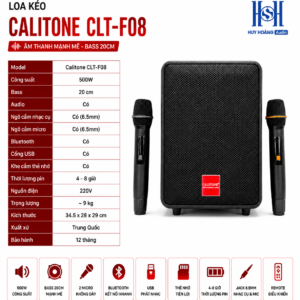 Loa xách tay Calitone CLT-F08 Chính Hãng, Bass 20, Công Suất 500w, Kèm 2 tay mic pin sạc (New 2025)