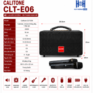 Loa xách tay Calitone CLT-E06 Chính Hãng, Bass 16, Công Suất 450w, Kèm 2 tay mic pin sạc (New 2025)