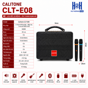 Loa xách tay Calitone CLT-E08 Chính Hãng, Bass 20, Công Suất 500w, Kèm 2 tay mic pin sạc (New 2025)