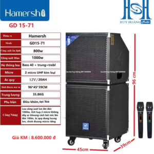 Loa kéo HAMERSH GD15-71, Bass 40, công suất 800w,bluetooth 5.0, kèm 2 tay mic kim loại (New 2024)