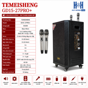 Loa kéo TEMEISHENG GD15-27PRO+, Bass 40, công suất 900w,bluetooth 5.0, kèm 2 tay mic kim loại (New 2025)
