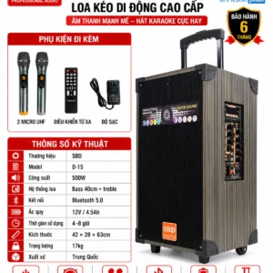 Loa kéo SBD D-15 Bass 40cm, công suất 500W, 2 micro UHF