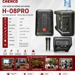 Loa xách tay CHENCO H-08PRO Bass 20 +3trebl, Cs 800w, Kèm 2 micro kim loại cao cấp, Hát hay( New 2026 )