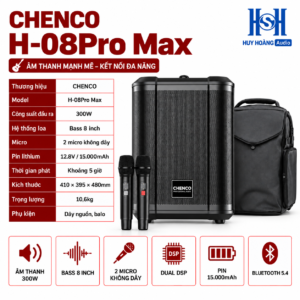 Loa xách tay CHENCO H-08Pro Max 300W, Bass 8 inch, 2 micro không dây