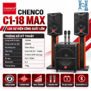 Loa CHENCO C1-18 MAX 1200W, Bass 50, 2 micro UHF